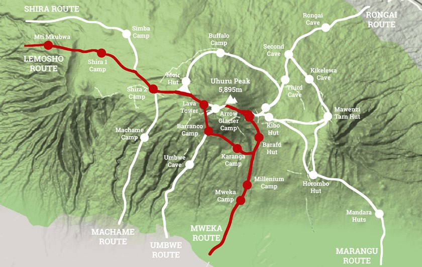 Lemosho Route map on Mount Kilimanjaro