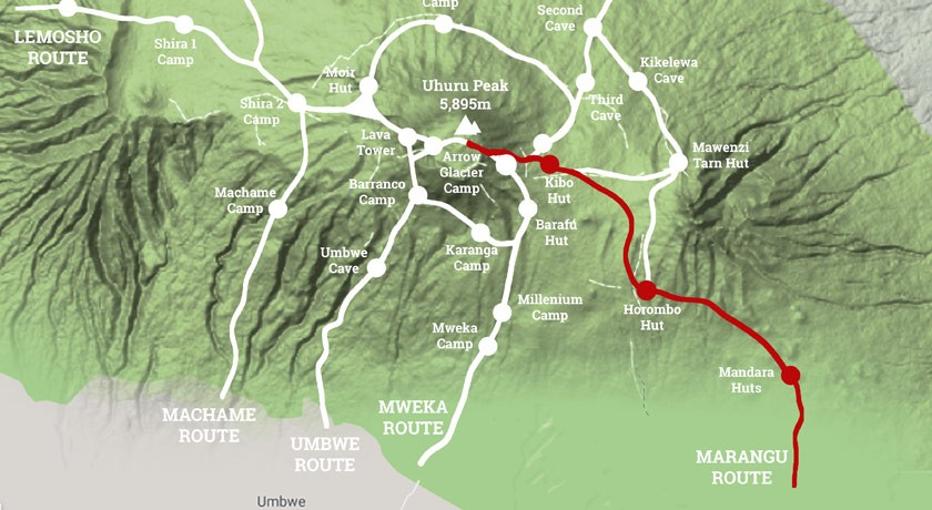 Marangu Route map on Mount Kilimanjaro