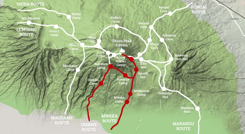 Umbwe Route map on Mount Kilimanjaro