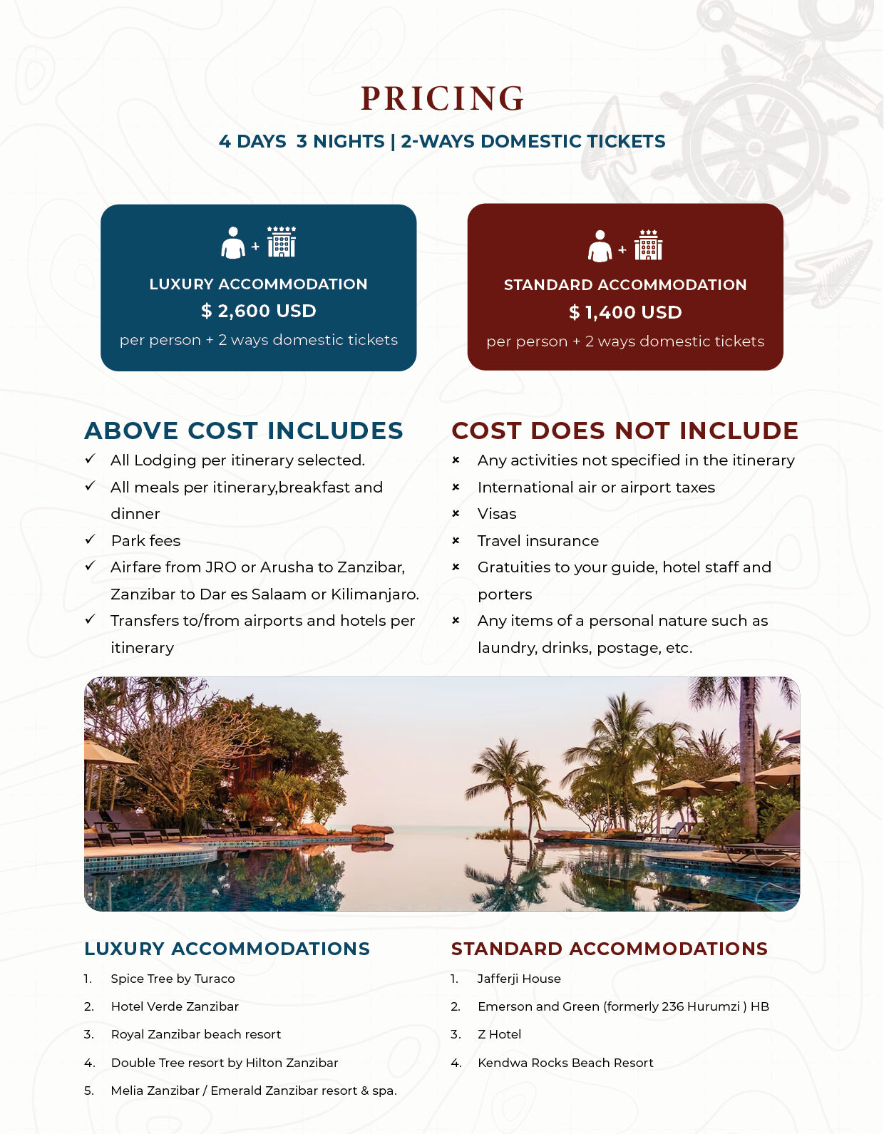 4 Days 3 Nights Zanzibar Island Tour — standard and luxury pricing