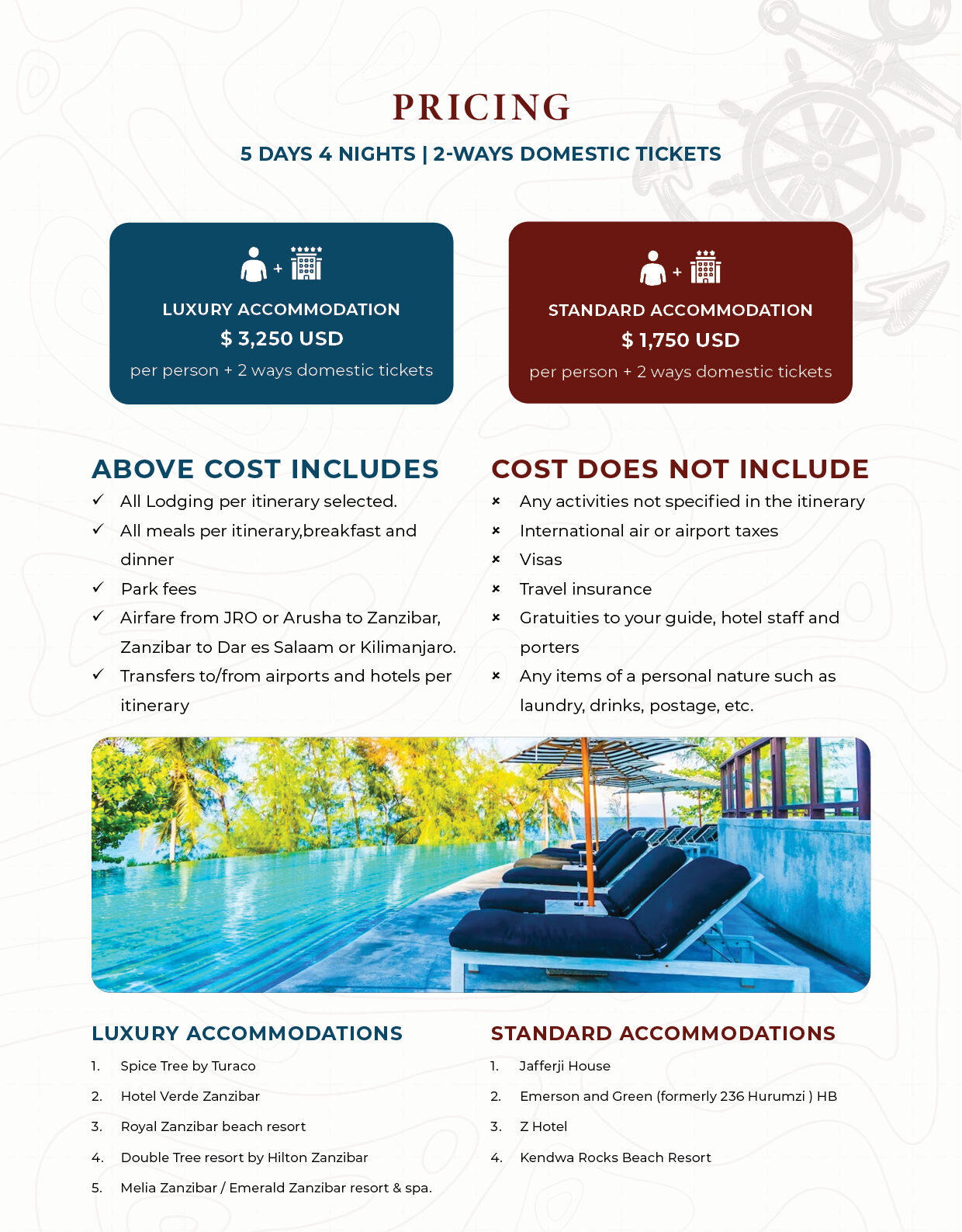5 Days 4 Nights Zanzibar Island Tour — standard and luxury pricing