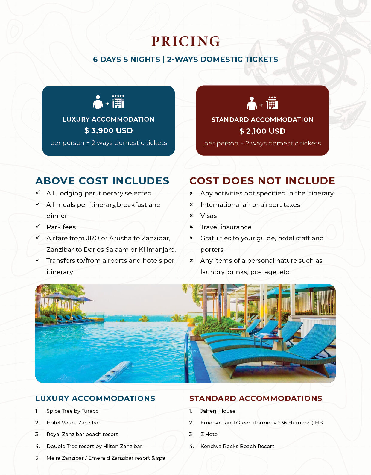 6 Days 5 Nights Zanzibar Island Tour — standard and luxury pricing